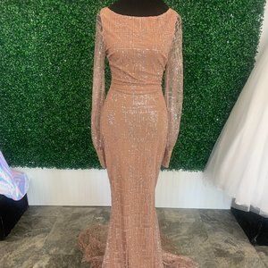 Elegant Long-Sleeve Rose Gold Beaded Prom Dress